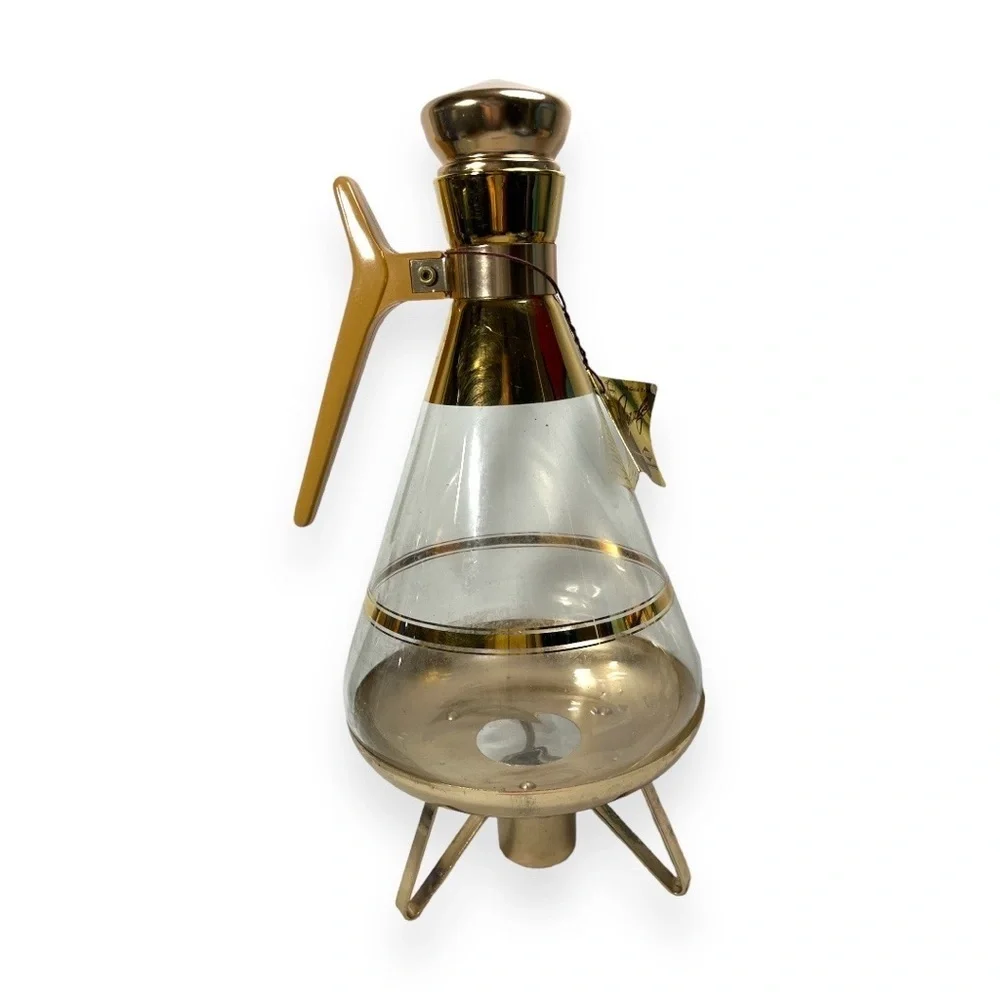 Vtg Mid-Century INLAND Glass Carafe & Warmer 22k Gold Trim Coffee‎ Pot Cork Lid